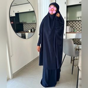 Navy Blue Two Piece Jilbab Set Muslim Woman Prayer Dress